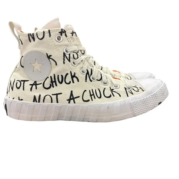 Converse High Top Sneakers Off-White with Black Script and Orange Accents - Picture 5 of 10